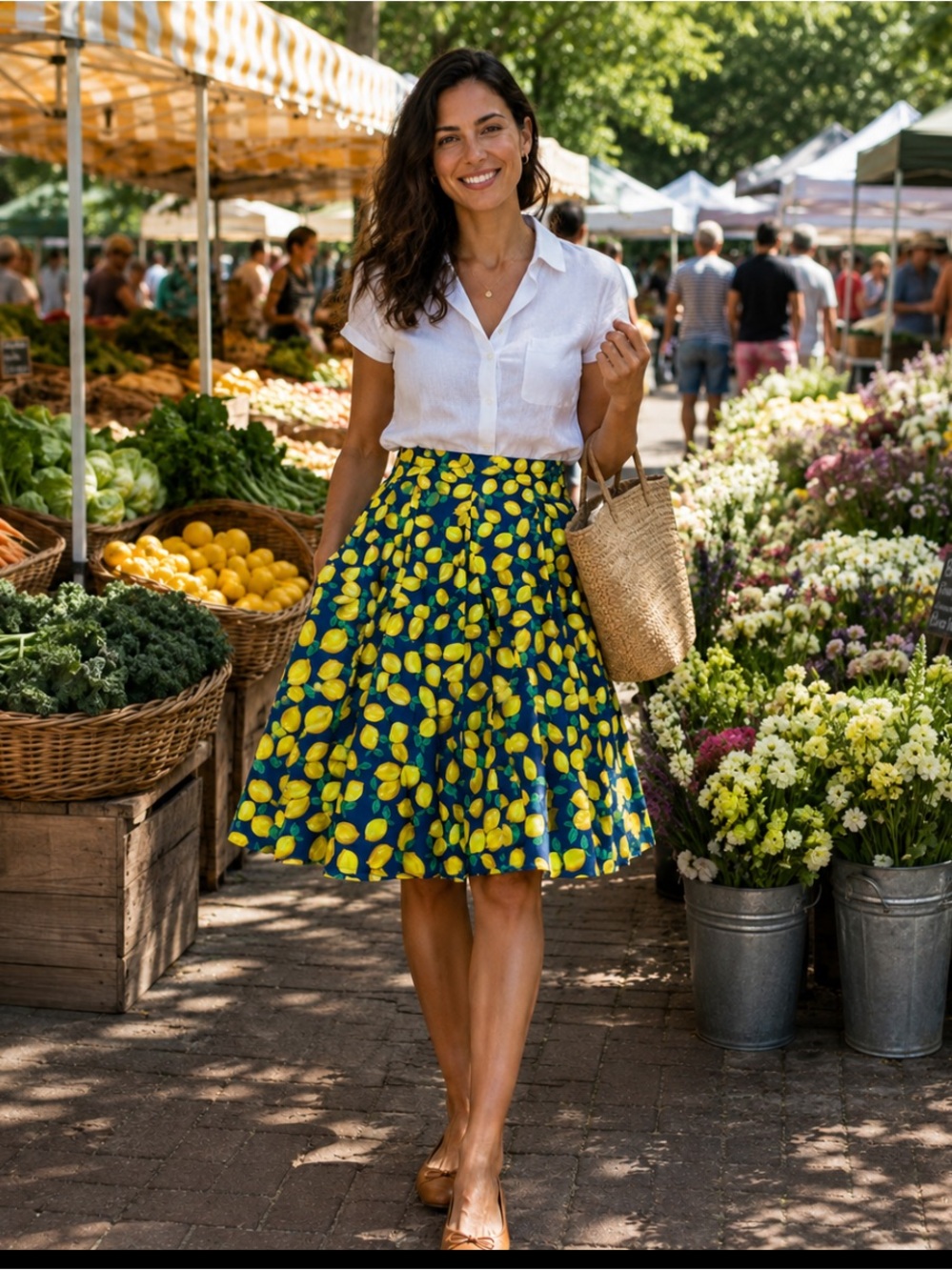 Women’s Lemon Print A-Line Skirt - Blue & Yellow